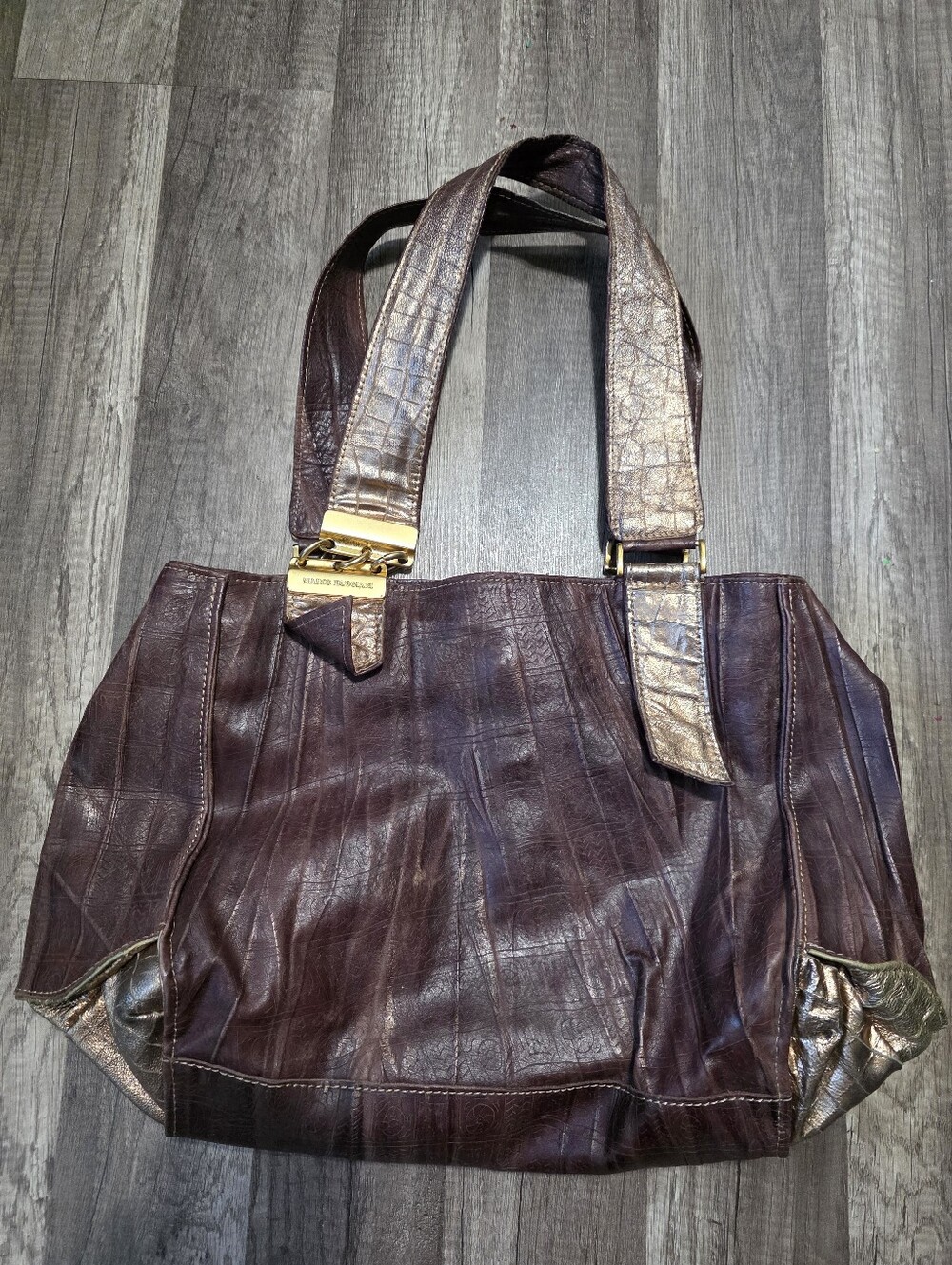 Marco Buggiani Italian Brown Leather Tote Gold Accents Designer Boho Chic Preppy